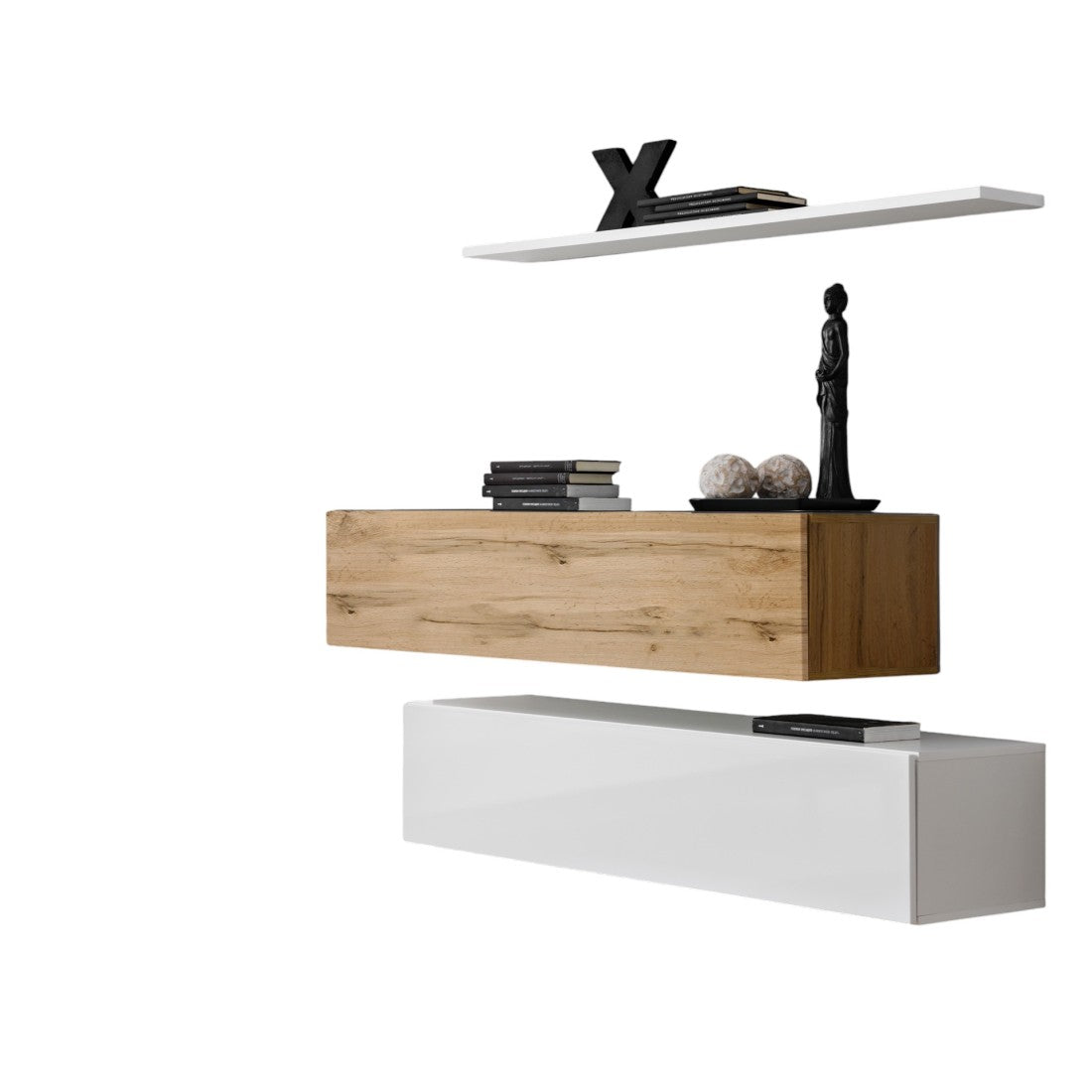 Set di mobili da soggiorno SWITCH SBII design, colore bianco lucido e rovere Wotan.