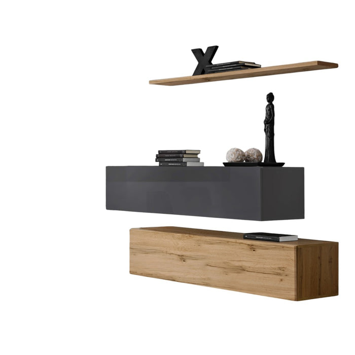 Set di mobili per soggiorno SWITCH SBII design, colore quercia Wotan e grigio lucido.
