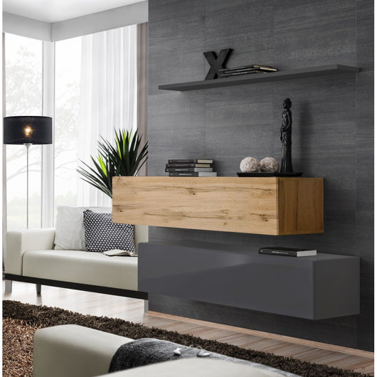 Set di mobili da soggiorno SWITCH SBII design, colore grigio lucido e rovere Wotan.