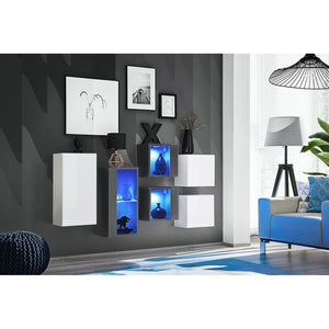 Set di mobili da soggiorno SWITCH SBIV - Bianco e grigio - LED integrati &amp sistema Push to Open