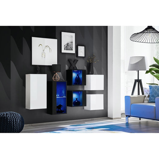 Set di mobili da soggiorno SWITCH SBIV – Bianco e nero – LED integrati &amp sistema Push to Open