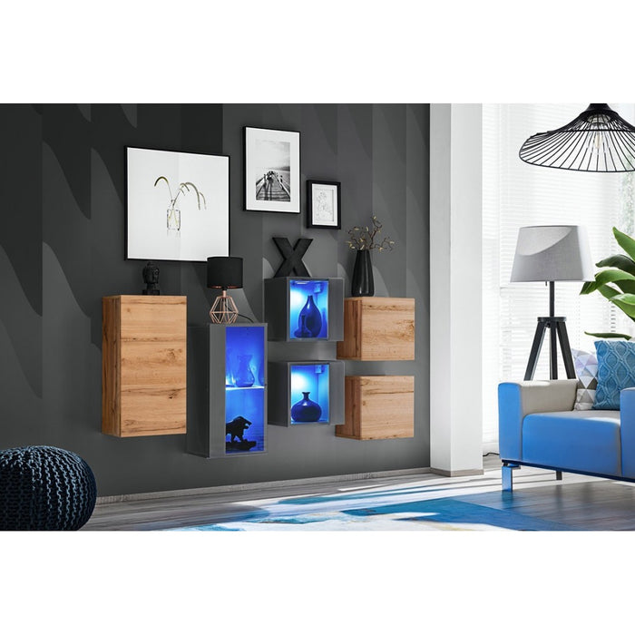 Set di mobili da salotto SWITCH SBIV – Rovere e Grigio – LED integrati – Design moderno