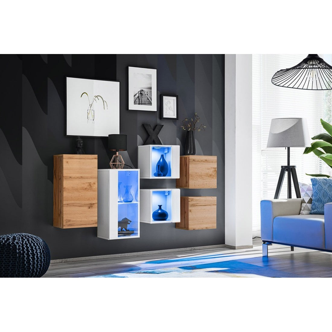 Set di mobili da salotto SWITCH SBIV design. Colori bianco e rovere.