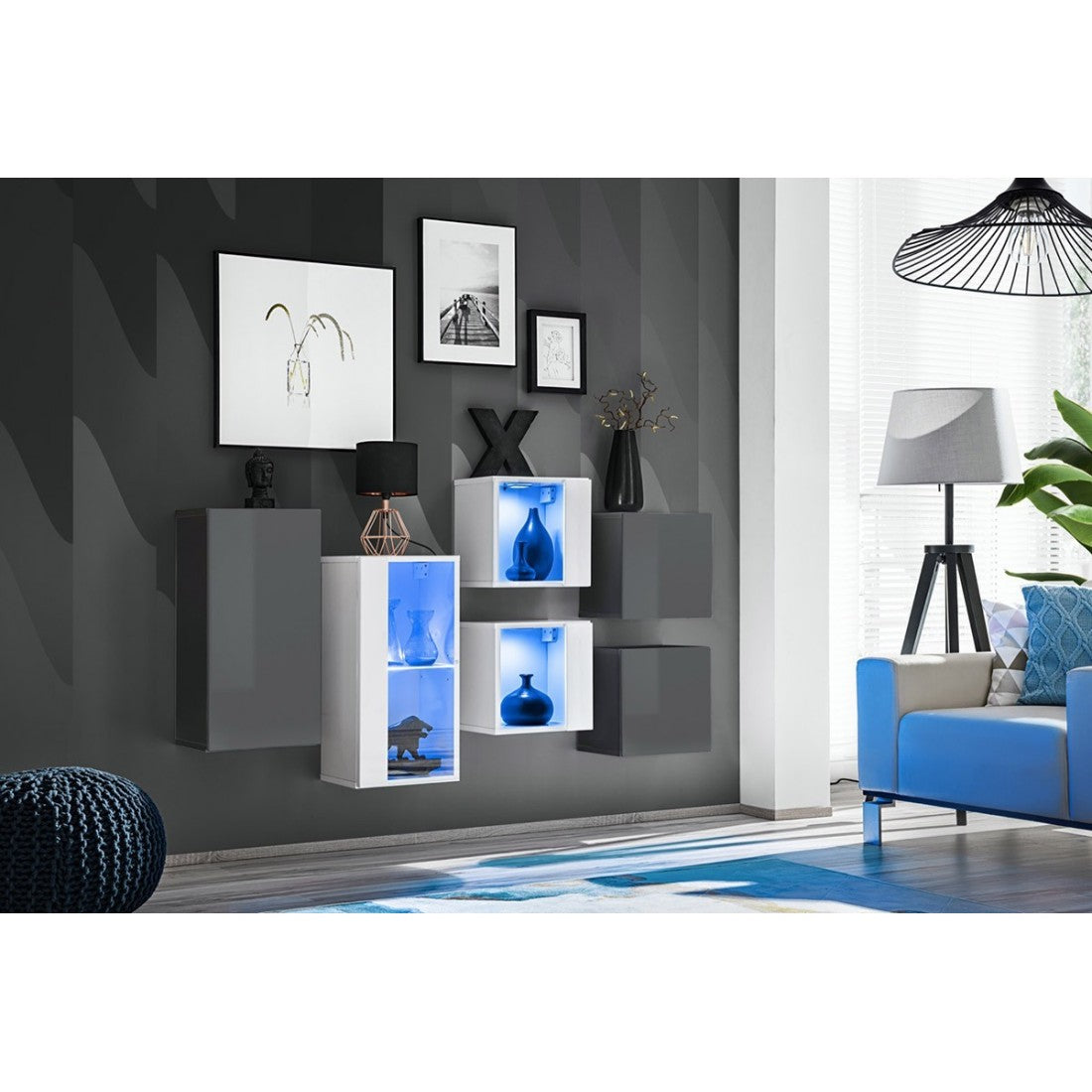 Set di mobili da soggiorno SWITCH SBIV design. Colori grigio e bianco.
