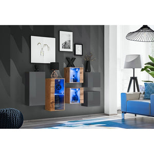 Set di mobili da soggiorno SWITCH SBIV design. Colori grigio e rovere.