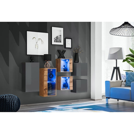 Set di mobili da soggiorno SWITCH SBIV design. Colori grigio e rovere.