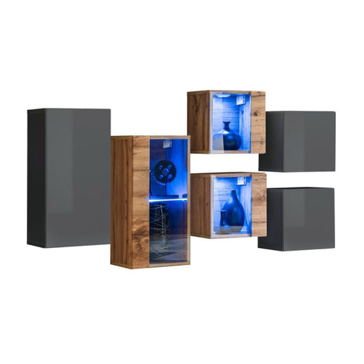 Set di mobili da soggiorno SWITCH SBIV design. Colori grigio e rovere.