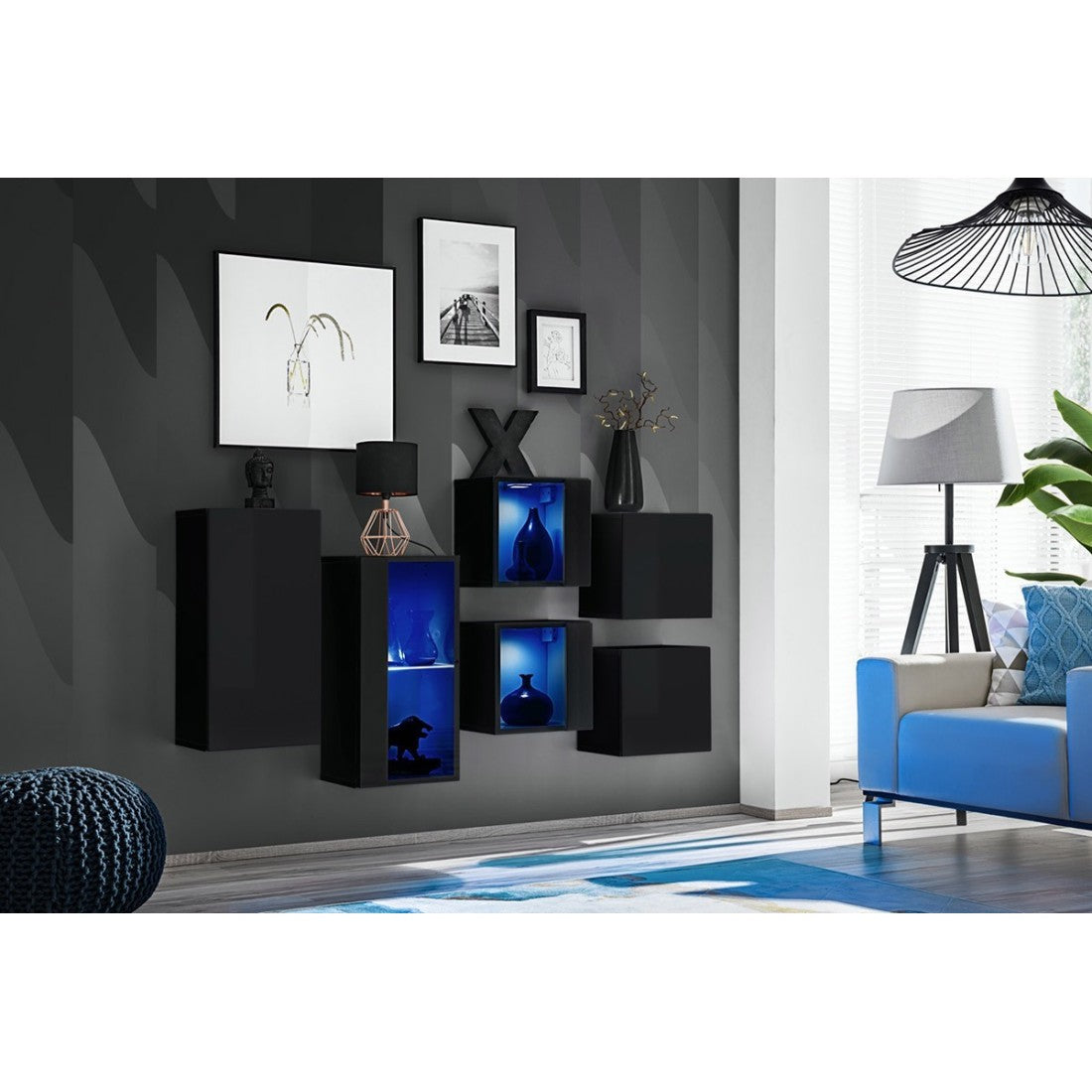 Set di mobili da soggiorno SWITCH SBIV design. Colore nero lucido. Sistema LED integrato.