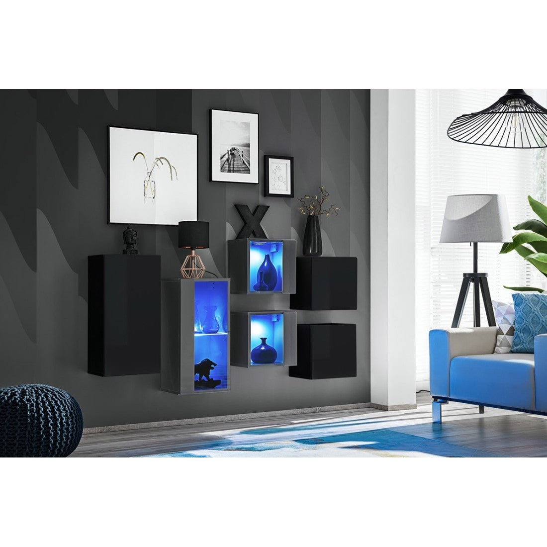 Set di mobili da soggiorno SWITCH SBIV design. Colori nero e grigio.
