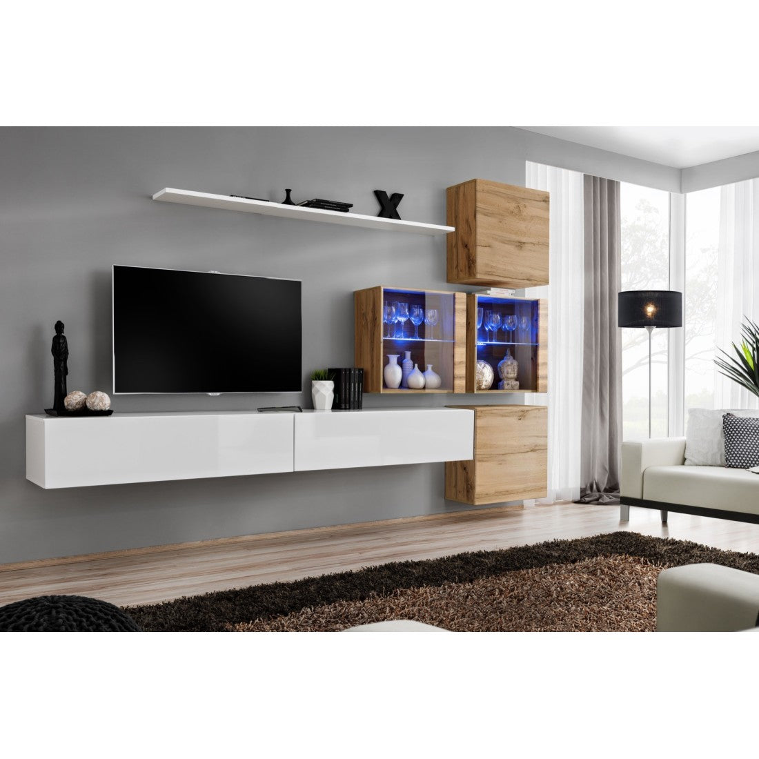 Set di mobili da soggiorno SWITCH XIX design, colore bianco lucido e rovere Wotan.