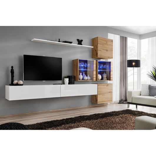 Set di mobili da soggiorno SWITCH XIX design, colore bianco lucido e rovere Wotan.