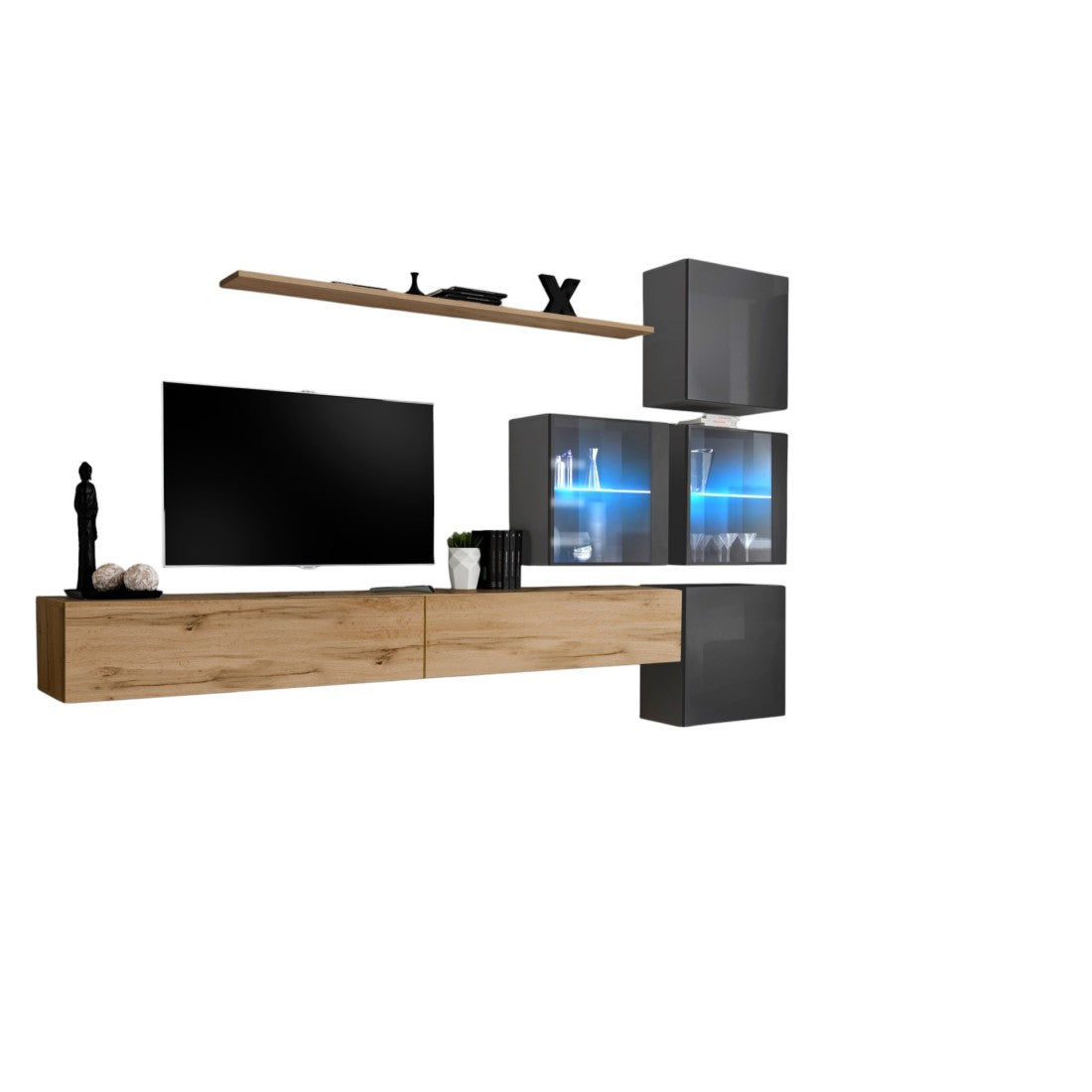 Set di mobili da soggiorno SWITCH XIX design, colore quercia Wotan e grigio lucido.