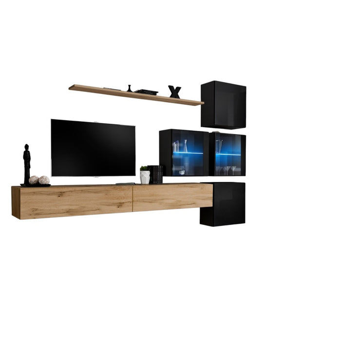 Set di mobili da soggiorno SWITCH XIX design, colori quercia Wotan e nero lucido.