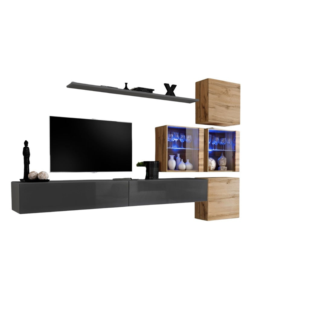 Set di mobili da salotto SWITCH XIX design, colore grigio lucido e quercia Wotan.