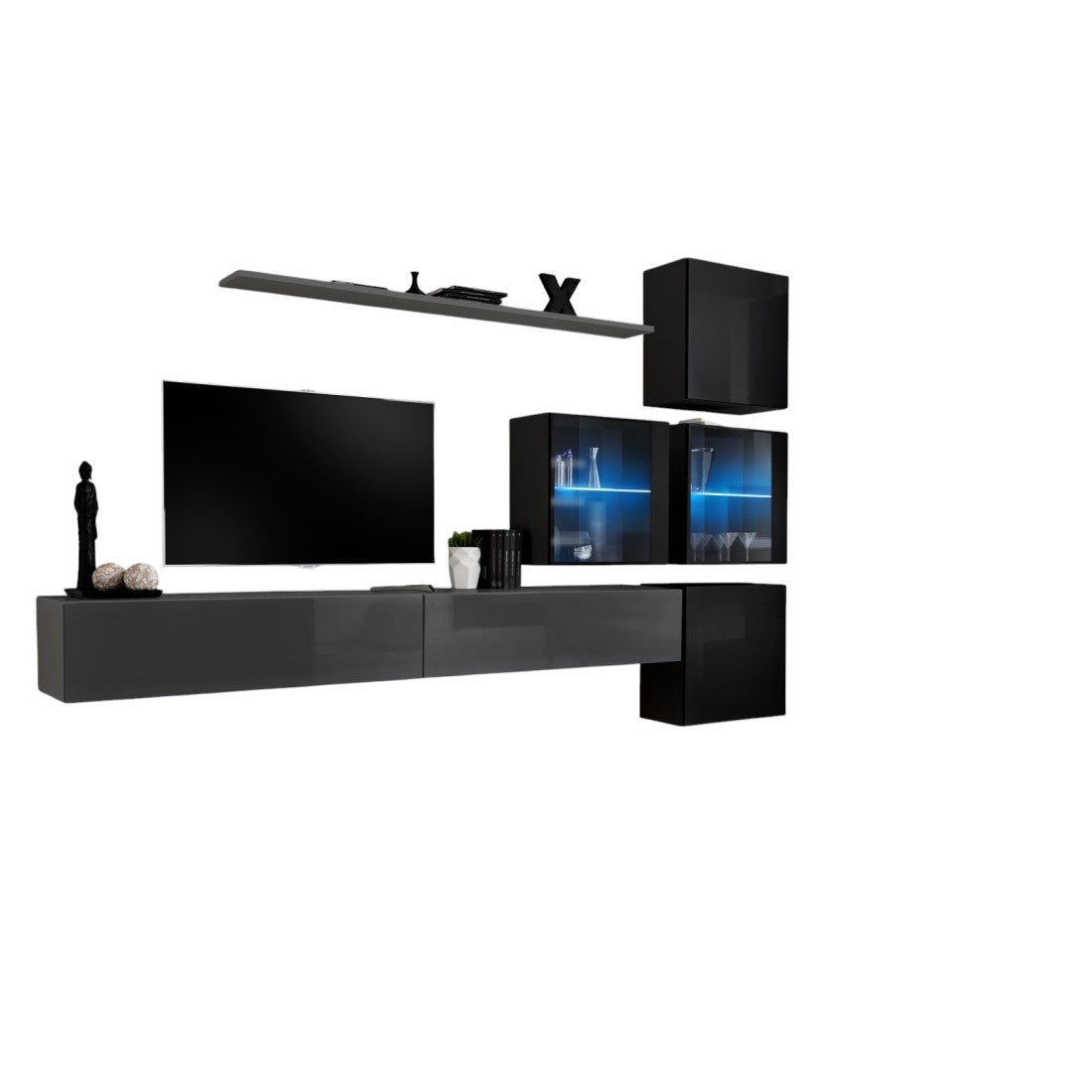 Set di mobili da salotto SWITCH XIX design, colori grigio e nero lucido.