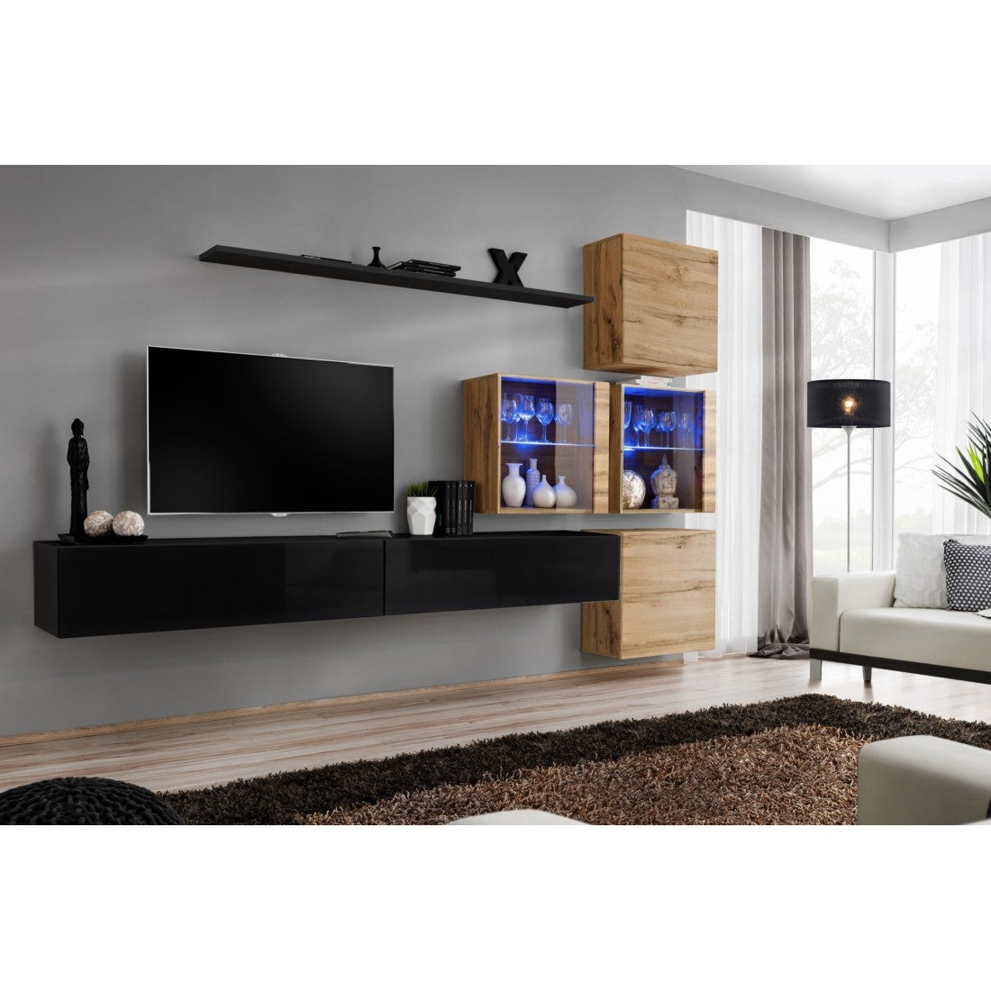 Set di mobili da salotto SWITCH XIX design, colore nero lucido e rovere Wotan.