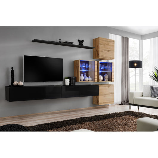Set di mobili da salotto SWITCH XIX design, colore nero lucido e rovere Wotan.