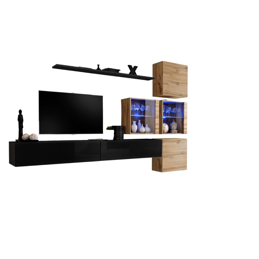 Set di mobili da salotto SWITCH XIX design, colore nero lucido e rovere Wotan.