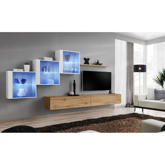 Set di mobili da salotto SWITCH XX design, colore rovere Wotan e bianco lucido.