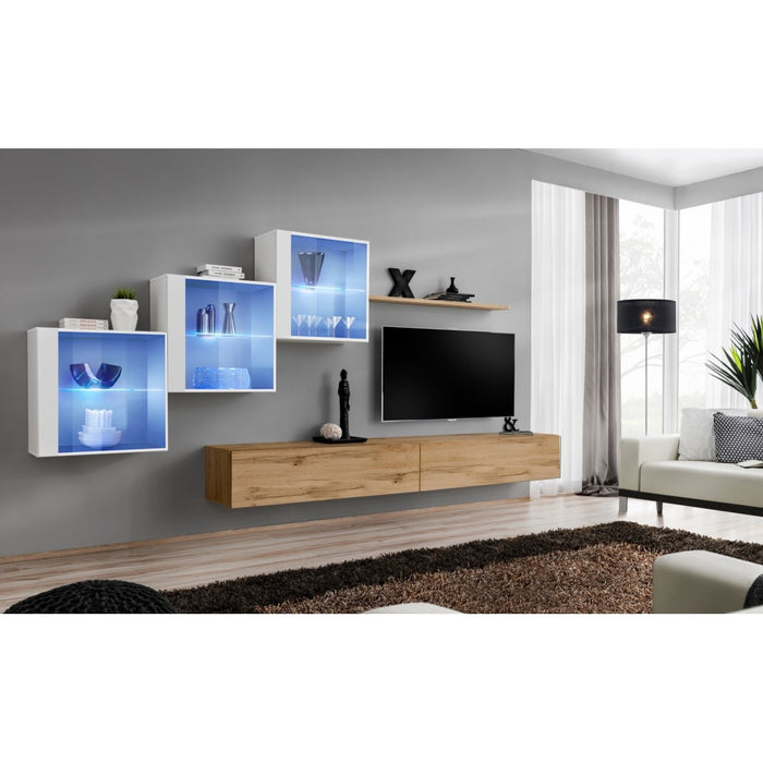 Set di mobili da salotto SWITCH XX design, colore rovere Wotan e bianco lucido.