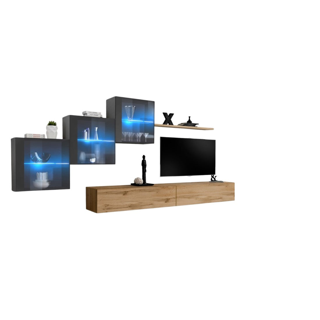 Set di mobili da soggiorno SWITCH XX design, colore rovere Wotan e grigio lucido.