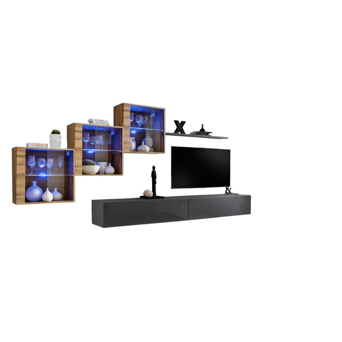 Set di mobili da soggiorno SWITCH XX design, colore grigio lucido e quercia Wotan.