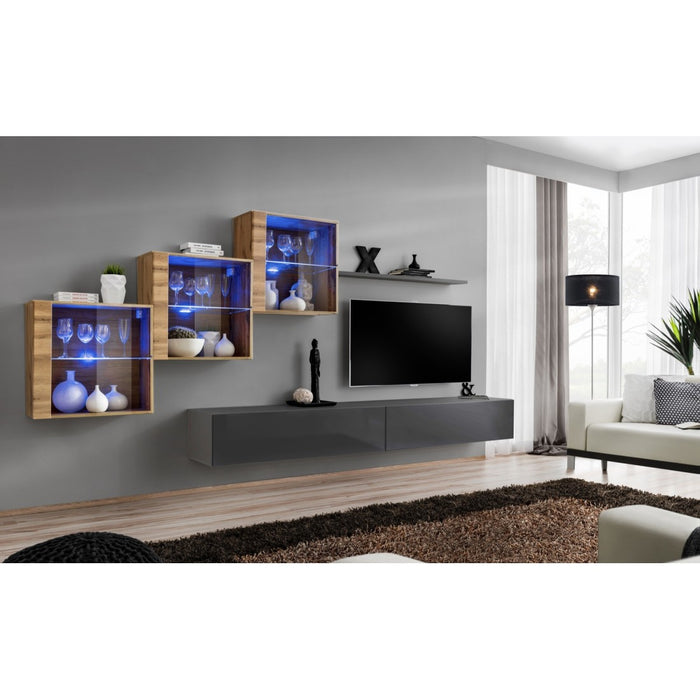 Set di mobili da soggiorno SWITCH XX design, colore grigio lucido e quercia Wotan.