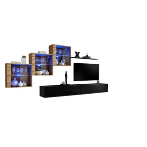 Set di mobili da salotto SWITCH XX design, colore nero lucido e quercia Wotan.