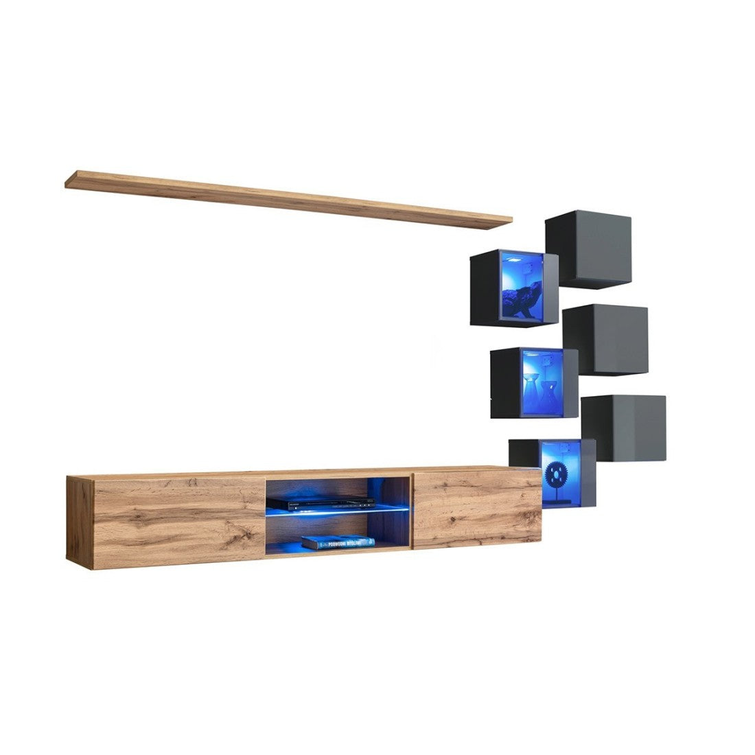 Set di mobili da salotto SWITCH XXI design, colori rovere e grigio.