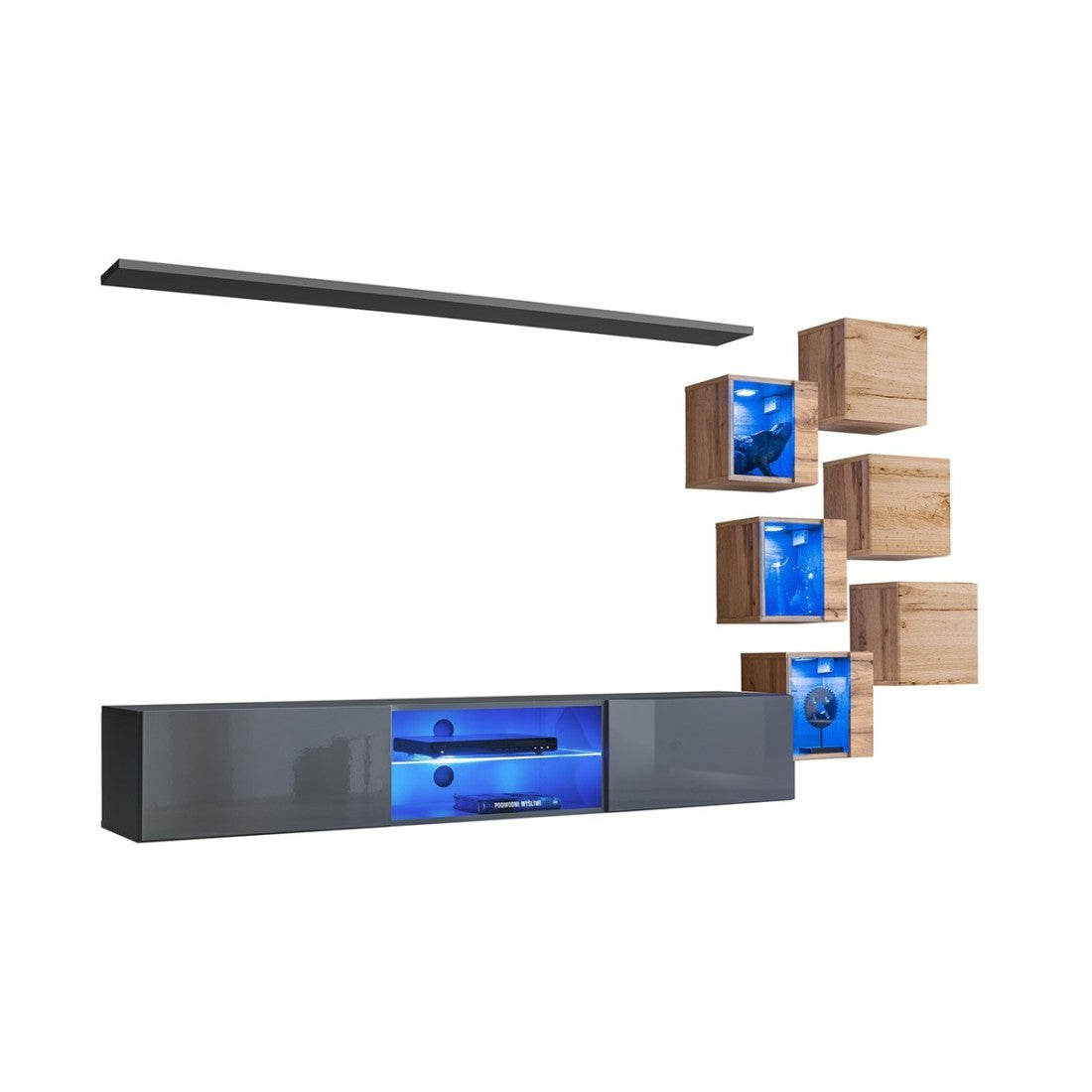 Set di mobili da soggiorno SWITCH XXI – LED – Grigio e rovere – Design sospeso