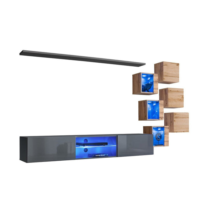 Set di mobili da soggiorno SWITCH XXI – LED – Grigio e rovere – Design sospeso