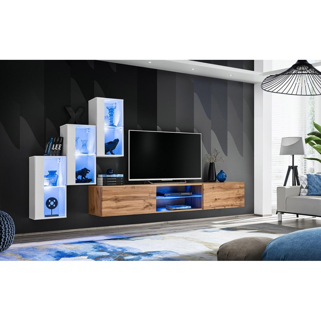 Set di mobili da soggiorno SWITCH XXII – LED – Bianco e Rovere – Design sospeso