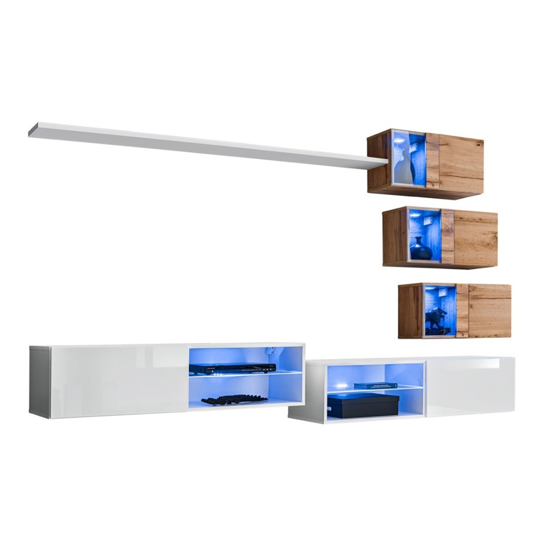 Set di mobili da salotto SWITCH XXIV design, colori bianco e rovere.