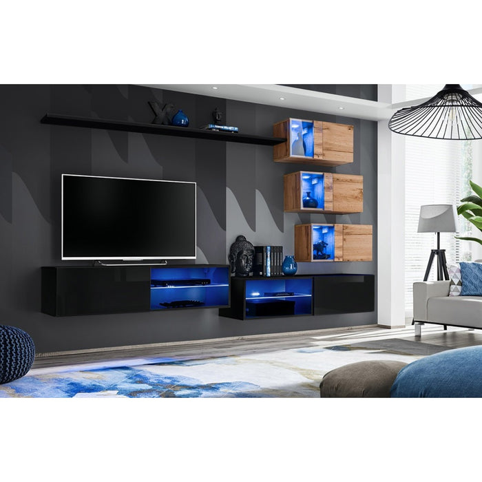 Set di mobili da soggiorno SWITCH XXIV – LED – Nero e Rovere – Composizione murale design