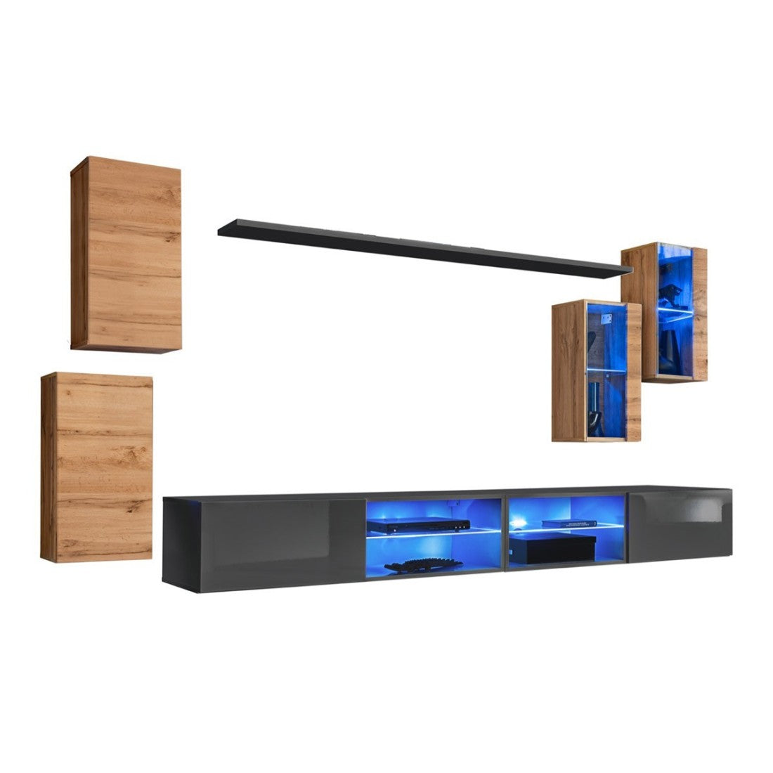 Set di mobili da salotto SWITCH XXV design, colore quercia e grigio.