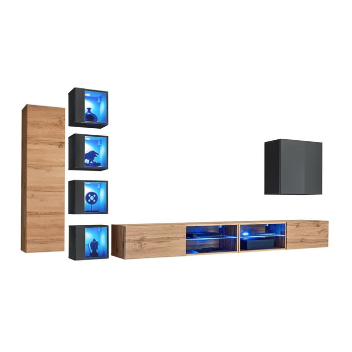 Set di mobili da soggiorno SWITCH XXVI – Rovere e grigio – LED integrati &amp sistema Push to Open