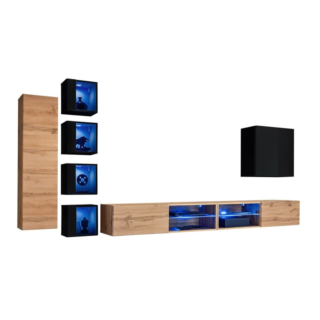 Set di mobili da soggiorno SWITCH XXVI – Rovere e nero – LED integrati &amp sistema Push to Open