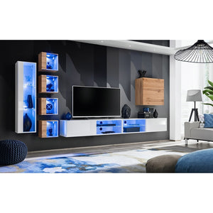 Set di mobili da soggiorno SWITCH XXVI design, colore bianco e rovere.