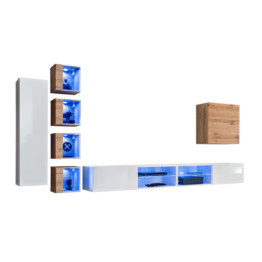 Set di mobili da soggiorno SWITCH XXVI design, colore bianco e rovere.