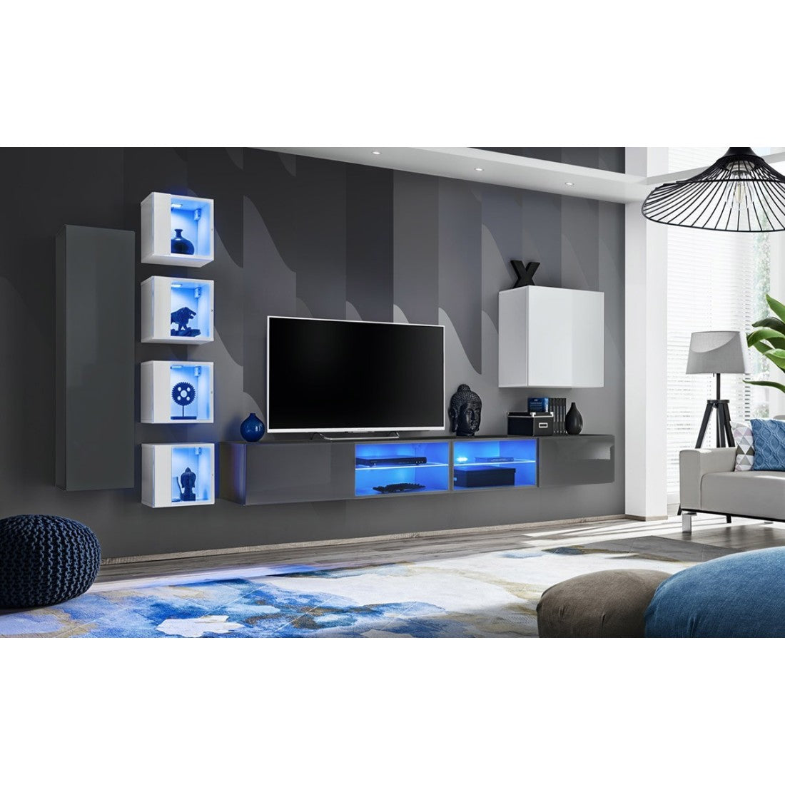 Set di mobili da soggiorno SWITCH XXVI – Grigio e bianco – LED integrati &amp sistema Push to Open
