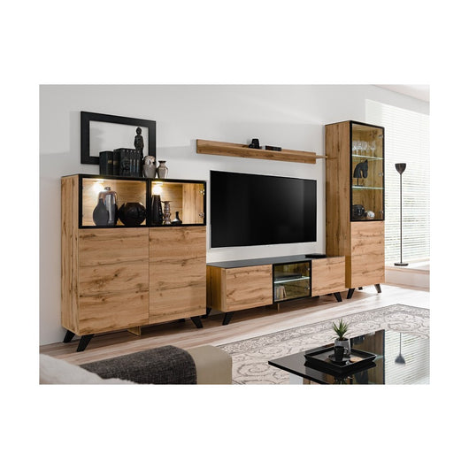 SET DI MOBILI DA SALOTTO TINO composto da quattro mobili e uno scaffale in stile industriale.