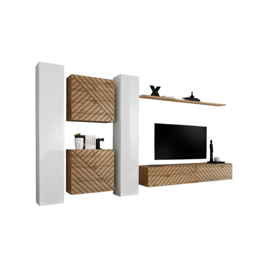 Set di mobili da salotto design SWITCH VI, bianco/quercia, finitura bianco lucido e quercia effetto fresato
