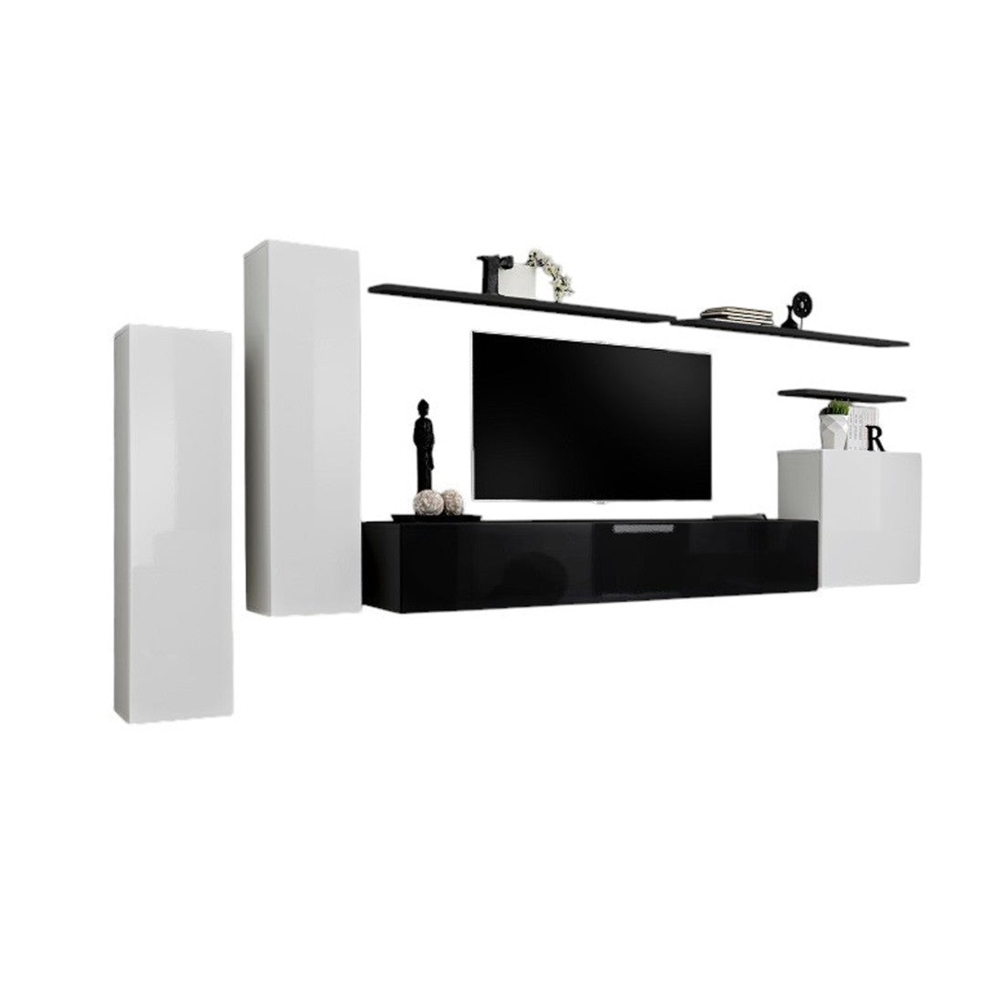 Set di mobili da soggiorno SWITCH I – Bianco e nero lucido – Mobile TV e contenitori sospesi moderni