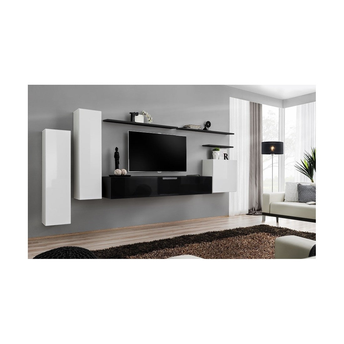 Set di mobili da soggiorno SWITCH I – Bianco e nero lucido – Mobile TV e contenitori sospesi moderni