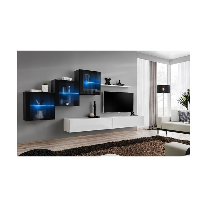 Set mobili soggiorno SWITCH XX - Bianco e nero lucido - Mobile TV e contenitori sospesi design