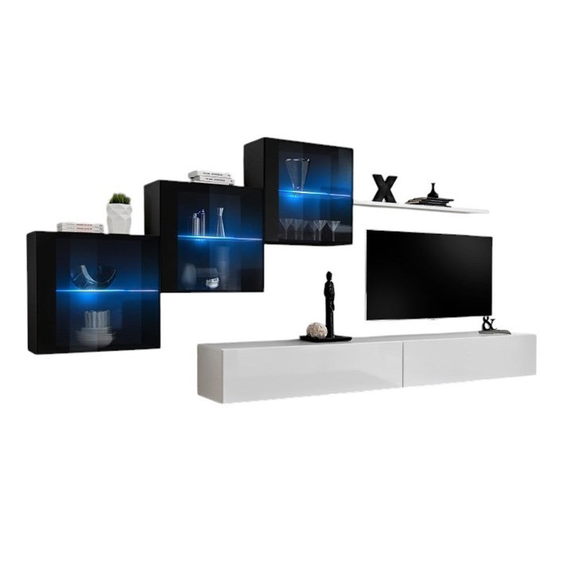Set mobili soggiorno SWITCH XX - Bianco e nero lucido - Mobile TV e contenitori sospesi design