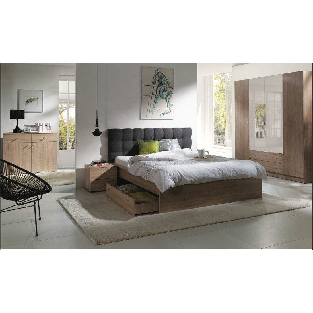 Set per camera da letto MAXIM. Letto matrimoniale 160x200 cm + cassetto + doghe + due comodini + cassettiera