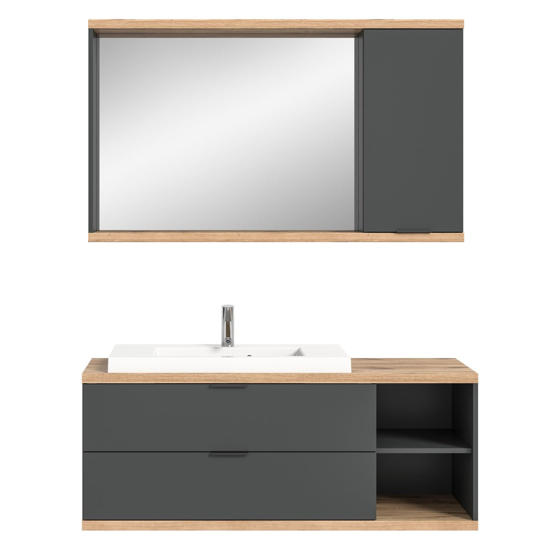 Set bagno NOYA grigio – mobile sotto lavabo + specchio con contenitore, da appendere