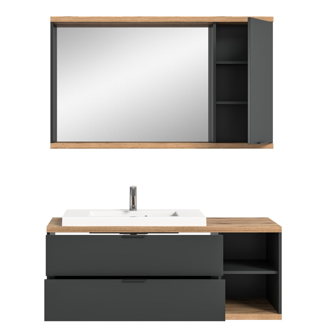 Set bagno NOYA grigio – mobile sotto lavabo + specchio con contenitore, da appendere