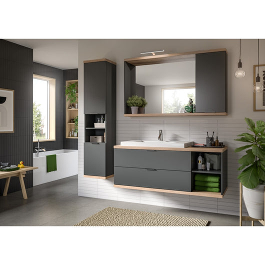 Set bagno NOYA grigio – mobile sotto lavabo + specchio con contenitore, da appendere